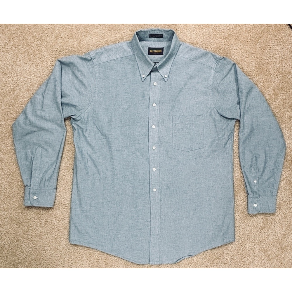 Gulf Traders Men's Dress Shirt 16.5 34/35 Green Wrinkle Free Long Sleeve